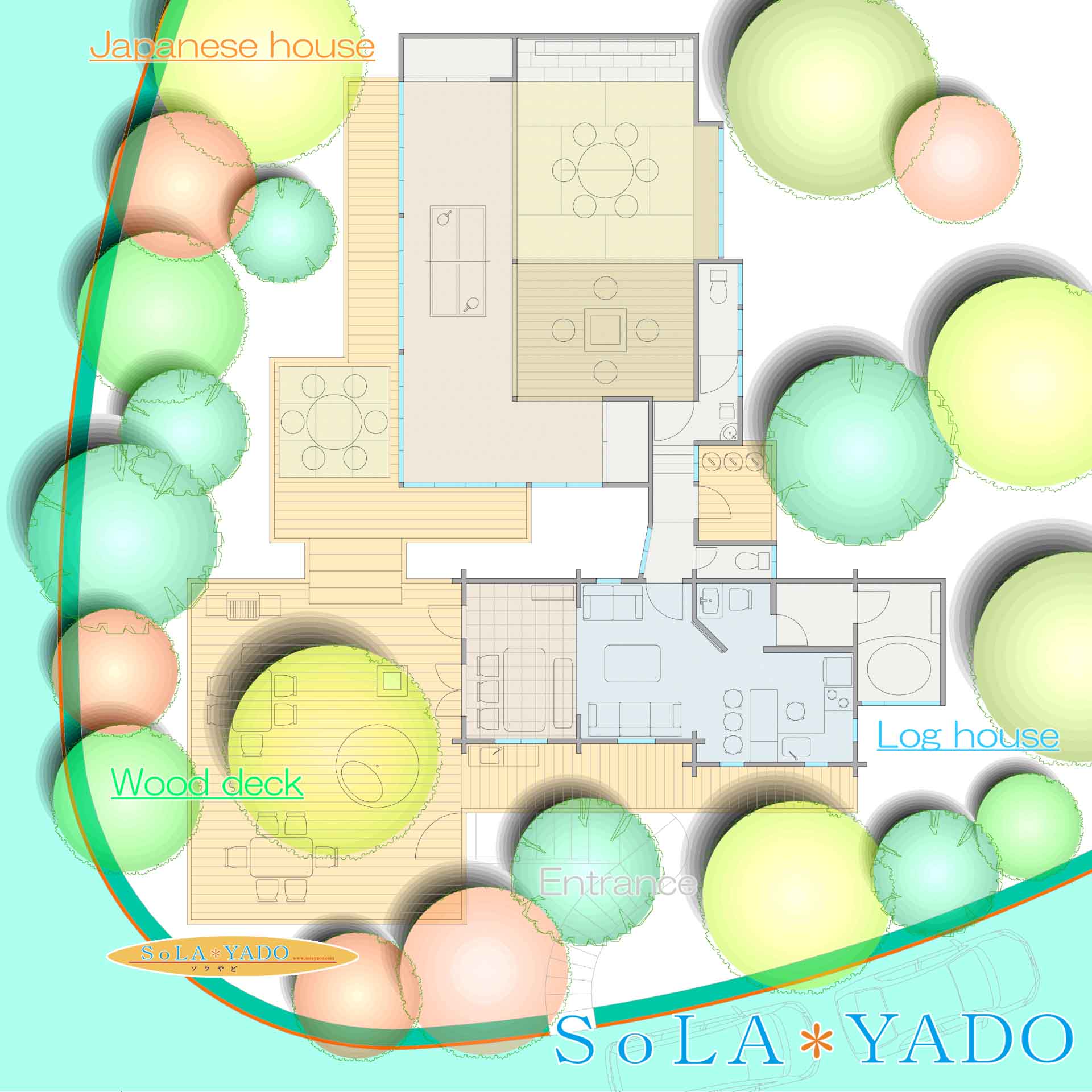 ソラやどの見取り図。木々に囲まれた中に、廊下でつながった古民家とログハウスがあり、その外側を囲ってつなぐようにウッドデッキがある。広い。