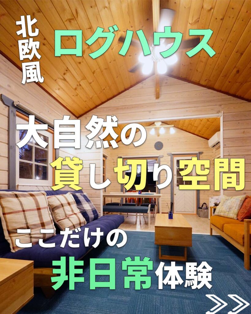 ログハウス側の建物の紹介。このログハウス・ロッジは木で作られた木造の北欧風デザイン。内装は青を基調とした空間にリフォームされている。この建物だけでも、LDKがそろっていて、四人掛けのテーブル、二人掛けのソファー、ベットにもなる二人掛けのソファー、ソニー製４Kテレビブラビアとソニー製サウンドバー、キッチン、洗面所、お風呂などが揃っている。いつでも家として暮らせるような空間。これらすべてがあなただけの空間に貸切。大自然の中の貸し切り空間。ここだけの非日常体験。